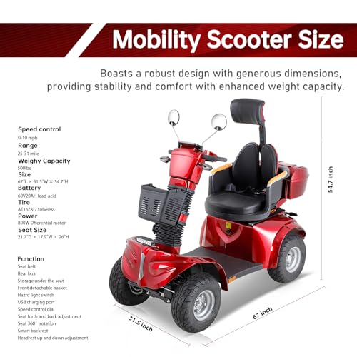 All Terrain Mobility Scooter,Heavy Duty Mobility Scooter for Seniors & Adults,500 lbs Capacity Heavy-Duty 4 Wheel Mobility Scooter Handicap Scooters for Adults (Red)