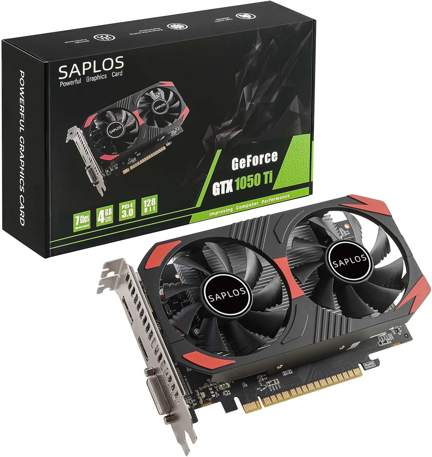 SAPLOS GTX 1050 Ti Graphics Card, 4GB, 128 Bits, GDDR5, GPU for Gaming PC, Computer Video Card, DisplayPort/HDMI/DVI, Dual Fans, PCI Express x16 3.0