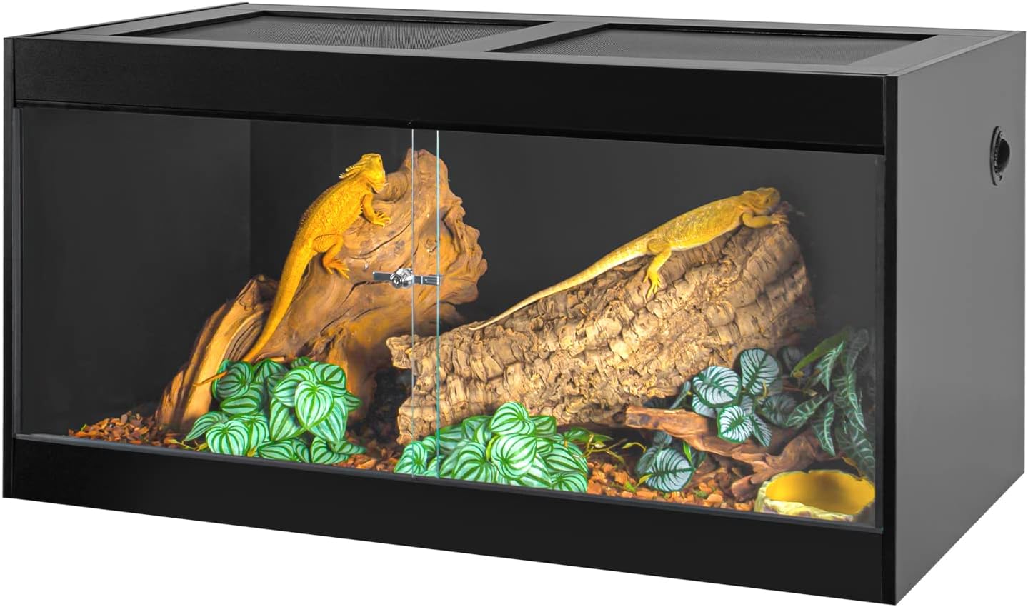 OIIBO 120 Gallon Reptile Original Wood Enclosure 48"x24"x24", Large & Wide Reptile Terrarium with Double Hinge Sliding Doors and Top Screen Ventilation Black Reptiles Habitat Lounge