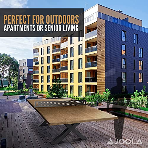 JOOLA Outdoor Table Tennis Table - Multi Use Conference Table Dining Table - Concrete Wood Look Includes Steel Outdoor Ping Pong Net Set & Frame - Hybrid Indoor Outdoor Ping Pong Table