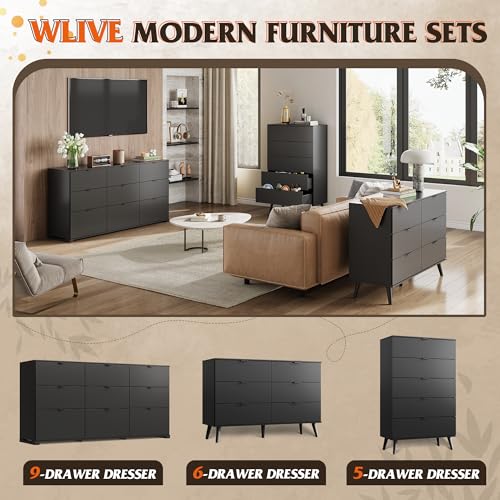 WLIVE Wood Dresser with 5 Drawers, Black Wooden Storage Cabinet, Organizer Drawers for Bedroom, Living Room, Hallway, Measuring 15.75" W * 31.50" D * 45.35" H ﻿