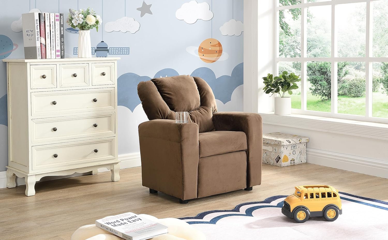 Kids Recliner Chair, Kids Upholstered Couch with One Cup Holder, Footrest, Backrest, Toddlers Velvet Recliner with Headrest and Footrest W214101804