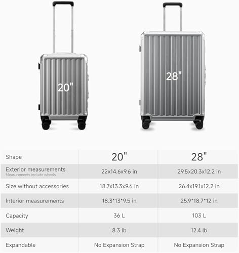 LUGGEX Aluminum Frame Luggage with Spinner Wheels, Zipperless Polycarbonate Hard Shell Carry On Luggage, 20 Inch Suitcases, Charcoal Metallic