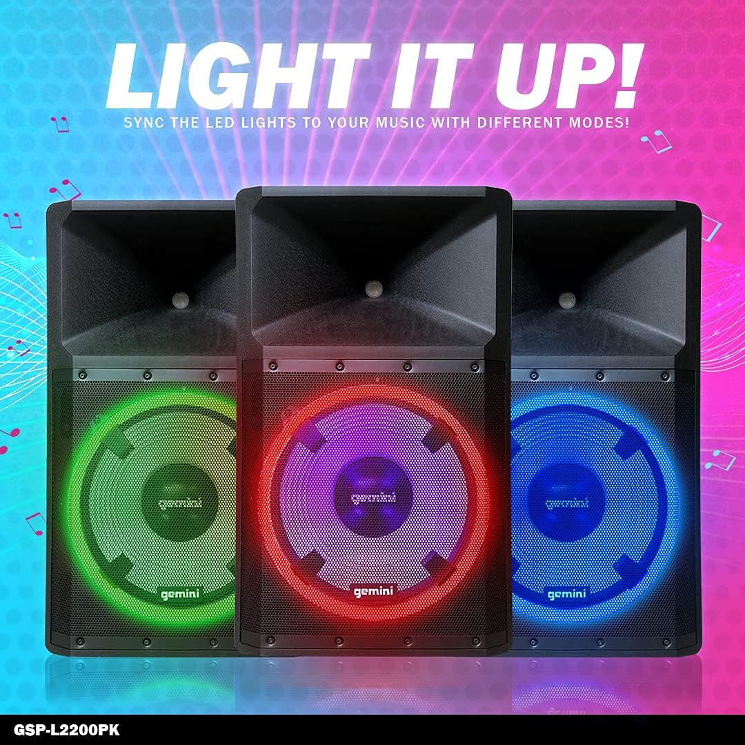 Gemini Sound GSP-L2200PK Indoor Outdoor Ultra Powerful Bluetooth 2200W Watts Peak Speaker, 15 Inch Woofer, LED Party Lights, Built in Media Player, FM Radio, USB/SD Card/Microphone, Speaker Stand