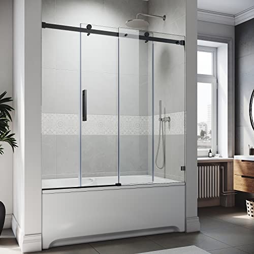 SUNNY SHOWER Frameless Sliding Tub Door 58.5-60" W X 62" H Bathtub Door with 5/16" Clear Glass Sliding Shower Enclosure with Tempered Glass Door Matte Black