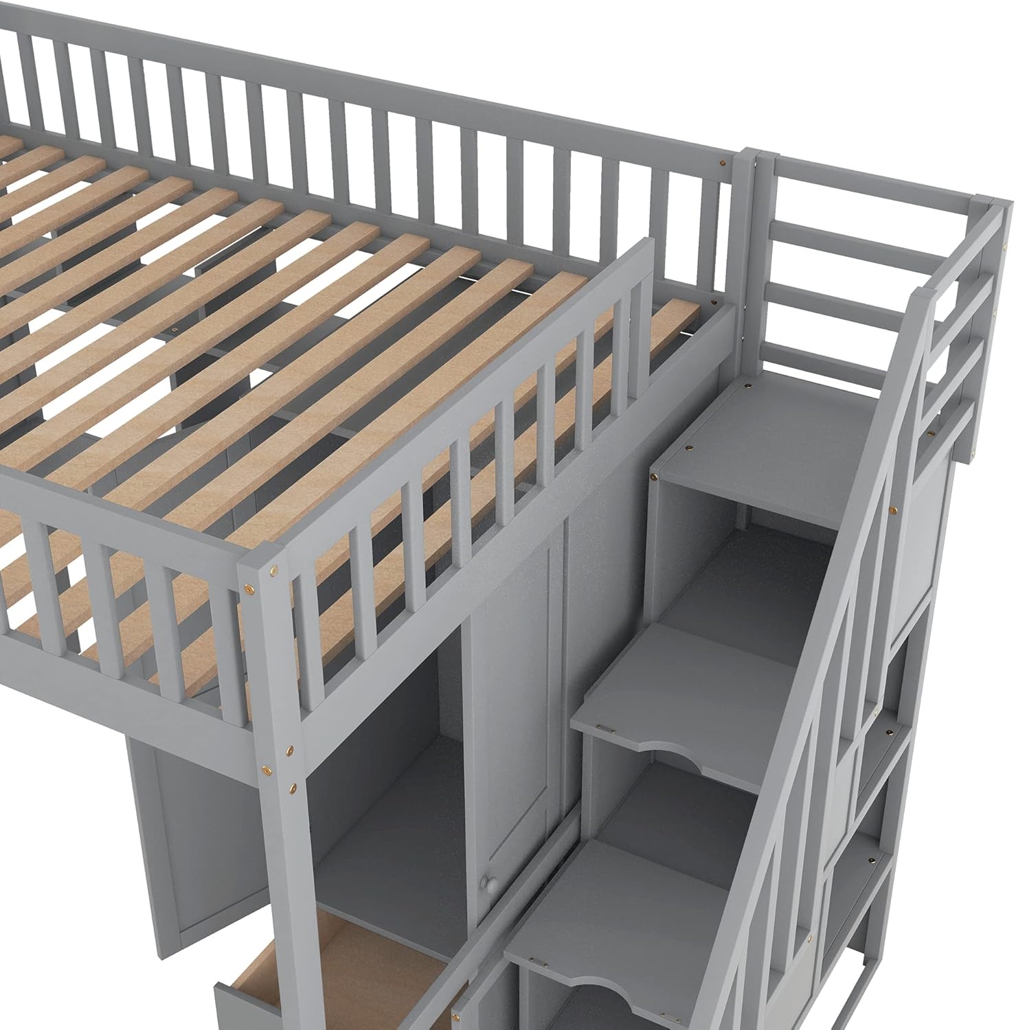 Harper & Bright Designs Full Size Loft Bed with Stairs, Desk, Bookshelf, Storage Drawers and Wardrobe, Solid Wood Loft Bed Frame for Kids Teens Adults (Gray)