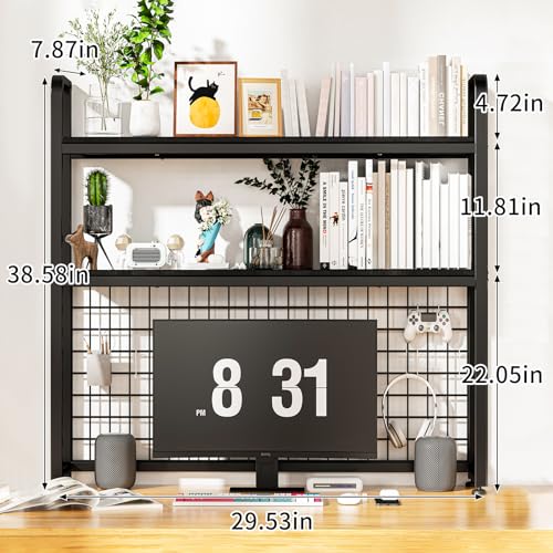 Desktop Bookshelf for Computer Desk, 2-Tier Multipurpose Wood Countertop Bookshelf, Wooden Desktop Bookcase, Multipurpose Freestanding Storage Rack Display Shelf for Office, Home Decor, BLACK