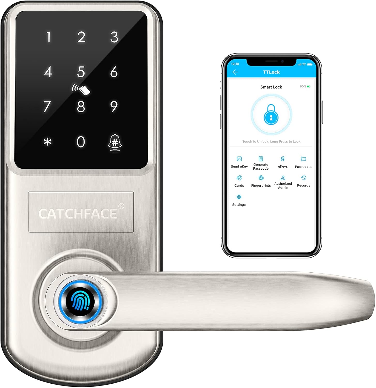 Smart Lock,CATCHFACE A290 Electronic Bluetooth Smart Lock,Keyless Door Lock with Handle,Biometric Lock with Fingerprint|TTLock App|Card|Key|Code Door Lock,Smart Lock for Front Door Office Home Airbnb