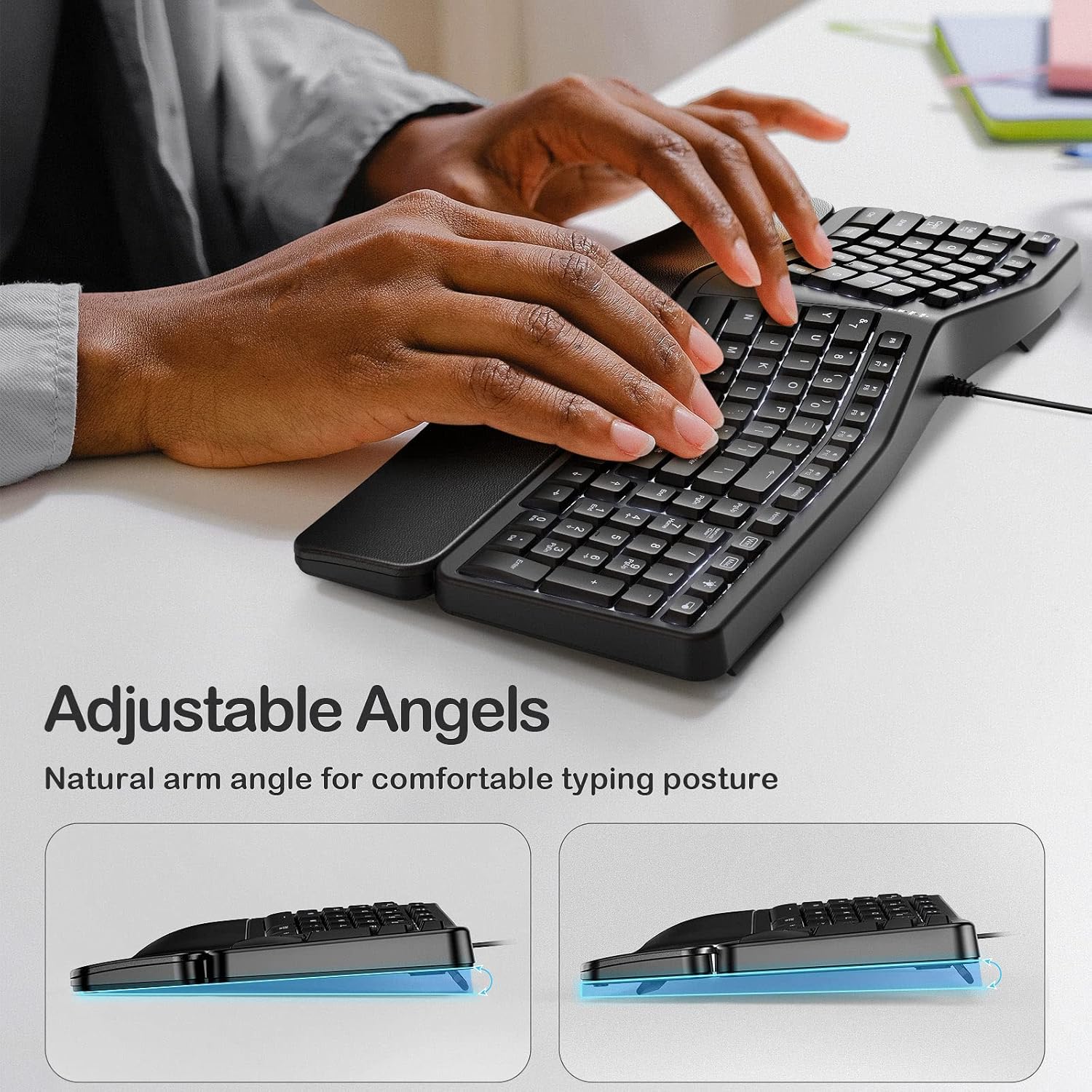 Backlit Wired Ergonomic Keyboard USB Split Keyboard with Wrist Rest and Comfortable Typing, 104 Keys, 10 Shortcuts, 5.2ft USB Cable for Windows, Mac and Laptop PC Computer