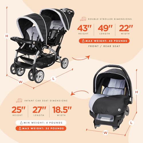 Baby Trend Sit N Stand Double Stroller & Single Infant Car Seat Travel System w/Safety Harnesses and Cover for Infants and Toddlers, 2 Pc Set, Stormy