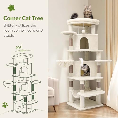 Globlazer Corner Cat Tree for Large Cats, 66inch Tall Curved Series Large Cat Tower for Multiple Indoor Cats with 6 Scratching Posts, 2 Spacious Cat Condos, Hammock, Hanging Basket, C66, Beige
