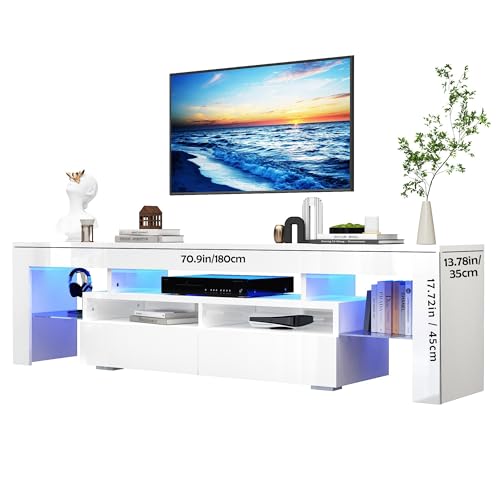 70in TV Stand for 75/80 inch TV,Modern LED TV Stand for Living Room,Black TV Stand,High Gloss TV Entertainment Center with Storage Drawer,APP RGB Light,TV Console(71in White)