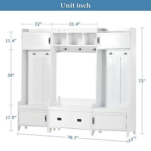 Hall Tree with Bench and Shoe Storage, White Entryway Bench with 7 Coat Rack, 4 Cabinet, 1 Drawer and Open Shelves, Large Mudroom Bench with Shoe Storage and Hooks for Hallway, Entry Way