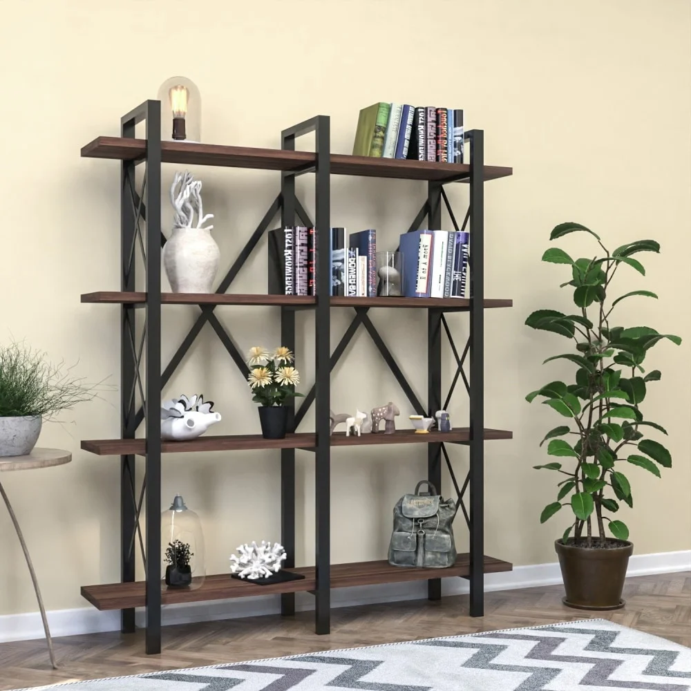 Cunda Metal Frame Etagere Open Back 5 tier Bookcase industrial rustic wood book shelf Walnut