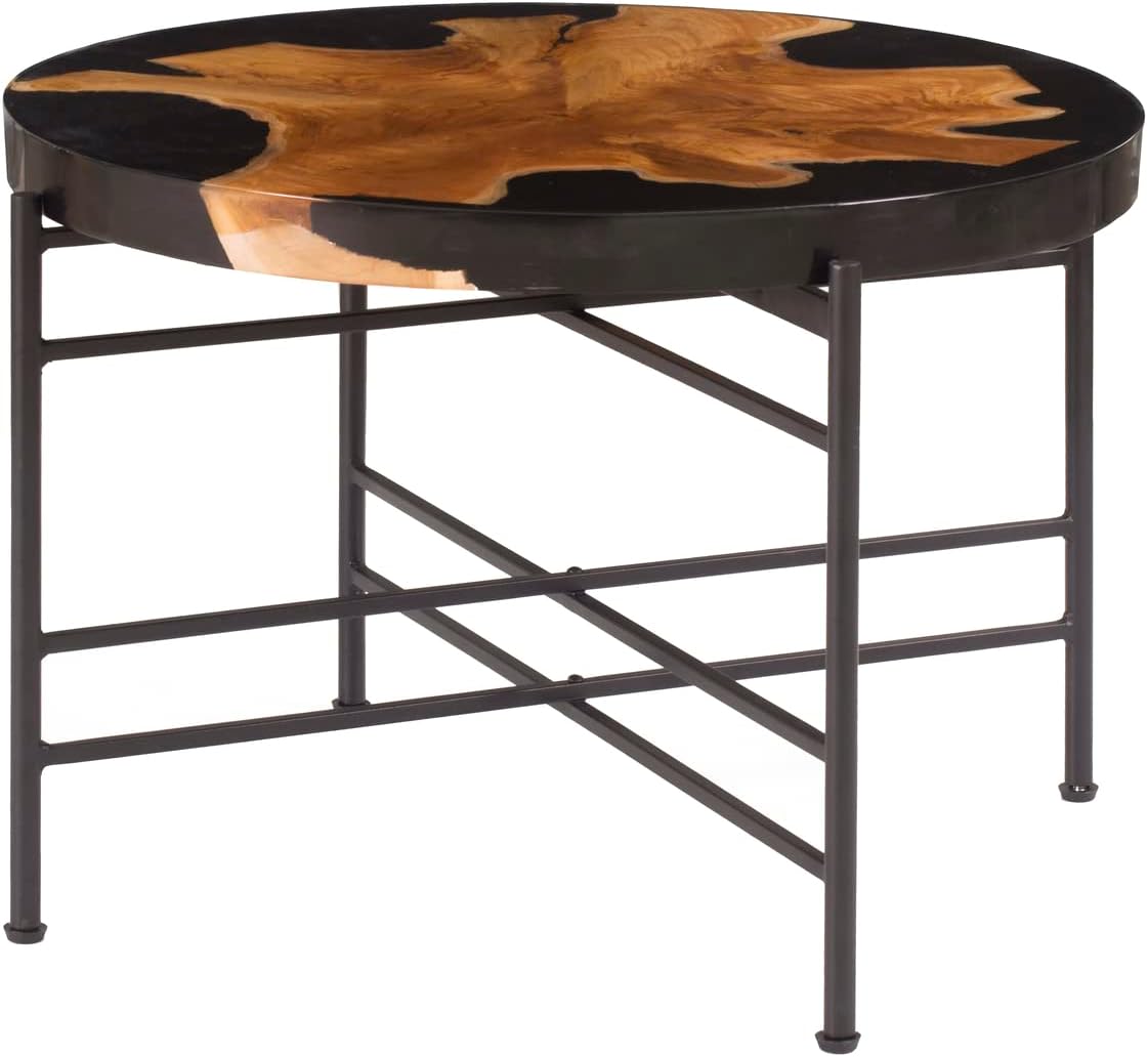 Benjara 24 Inch Round Accent Side Table, Teak Root Wood and Iron, Brown, Black