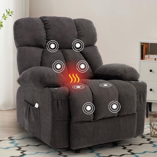 Massage Rocker Recliner Chair with Heat and Vibration Ergonomic Rocking Lounge Chair for Living Room Comfy Overstuffed Recliner with 4 Side Pockets,2 Cup Holders, USB Charge Port, Grey
