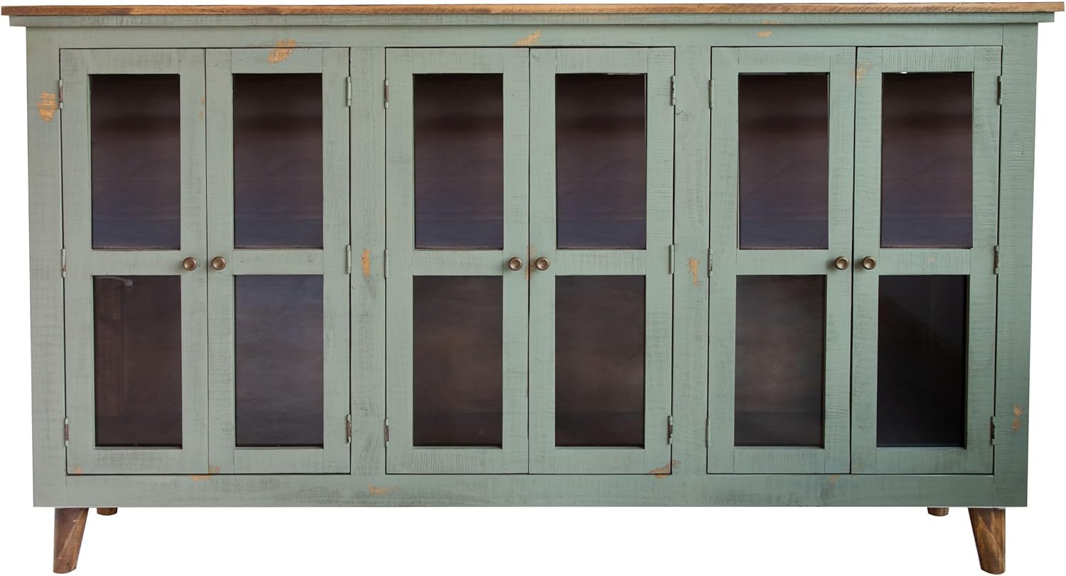 Benjara Lina 72 Inch Sideboard Buffet Cabinet, 3 Glass Doors, Sage Green, Pine
