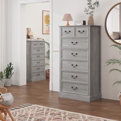 Farmhouse 7 Drawers Dresser for Bedroom, Wood Dresser Chest of Drawers Organizer Storage, Rustic Tall Dresser Chest of Drawer for Living Room, Closet, Hallway Children's Room