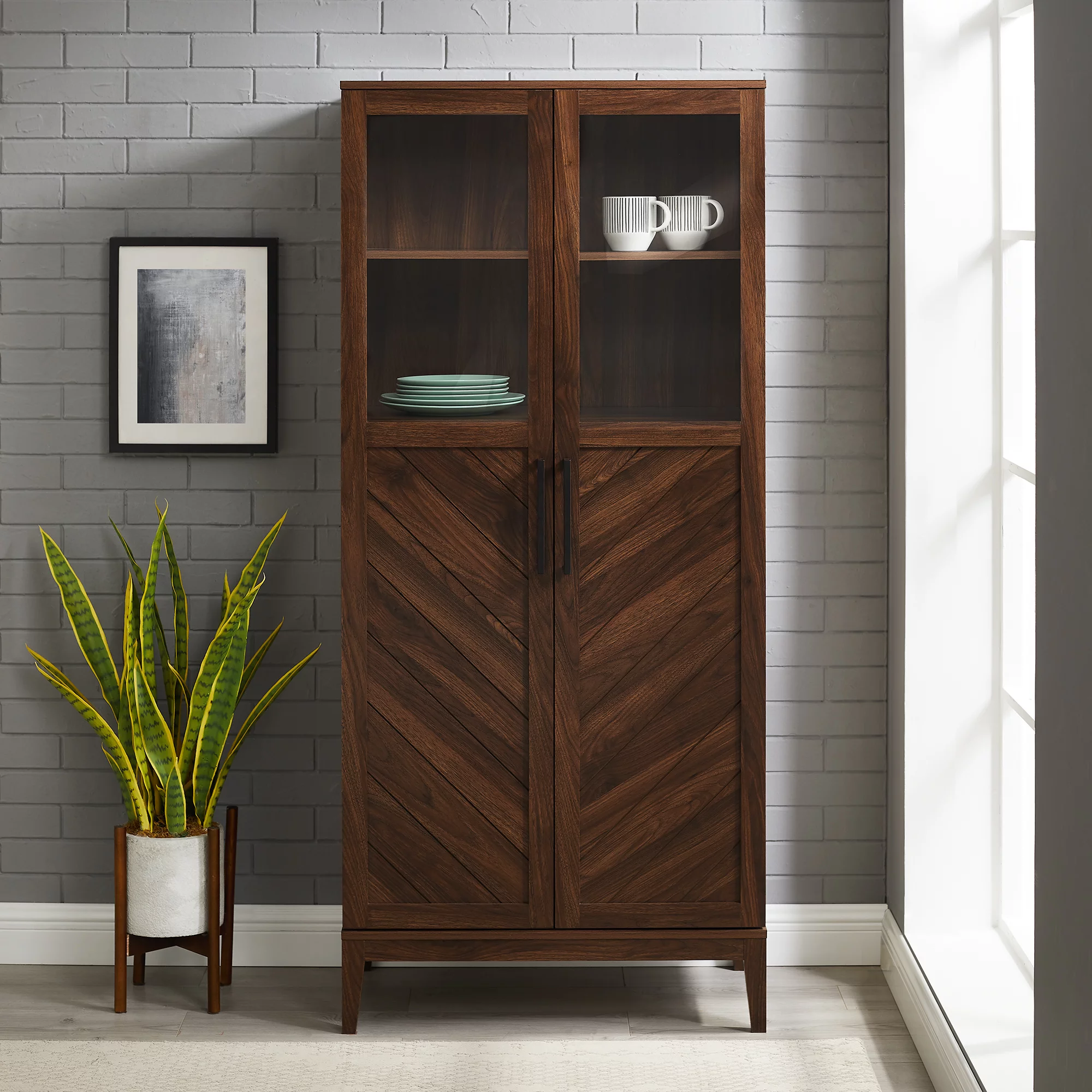 Walker Edison Mid Century 2-Door Chevron Bar Storage Cabinet, Dark Walnut