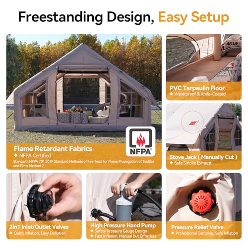 Inflatable Camping Tent with Pump,4-6 Person Waterproof Blow Up Air Tent for Camping Hiking,Easy to Set Up 4-Season Inflatable House Tent with Oversized Canopy.