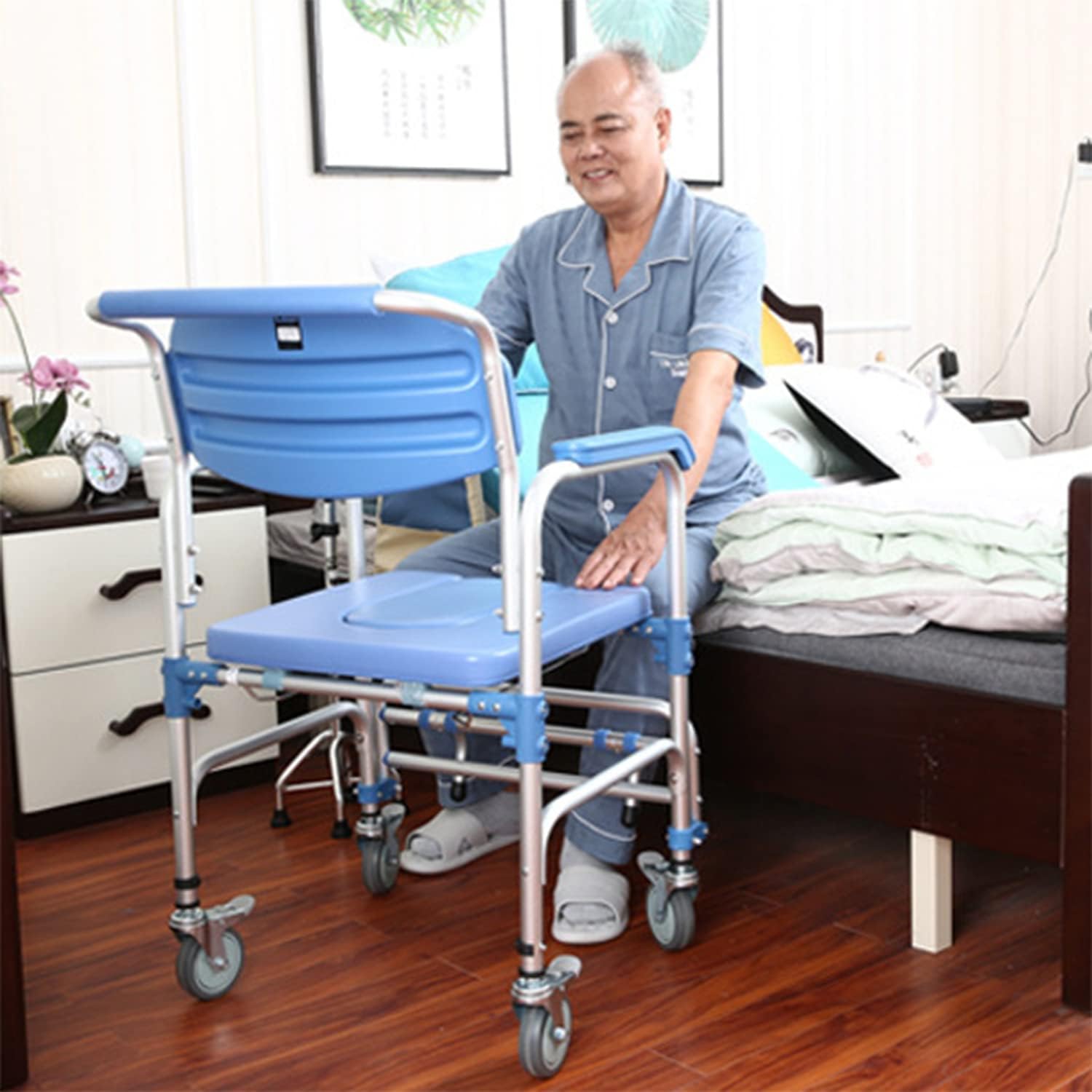 Shower Chair with Wheels 3 in 1 Commode Chair for Toilet with Arms Waterproof Rolling Transport Chair Bedside Commode for Seniors and Disabled, Weight Capacity 350lbs