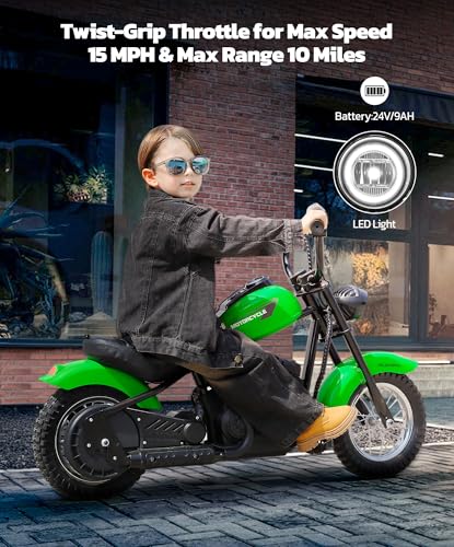 ELEMARA Electric Dirt Bike, 15 mph & 150lb Max, 24V Ride on Toy for Big Kids w/LED Lights & Power Display, Chain-Driven Motor, Twist-Grip Throttle, Shock Springs, Handbrake, 12" Air-Filled Tires-Black