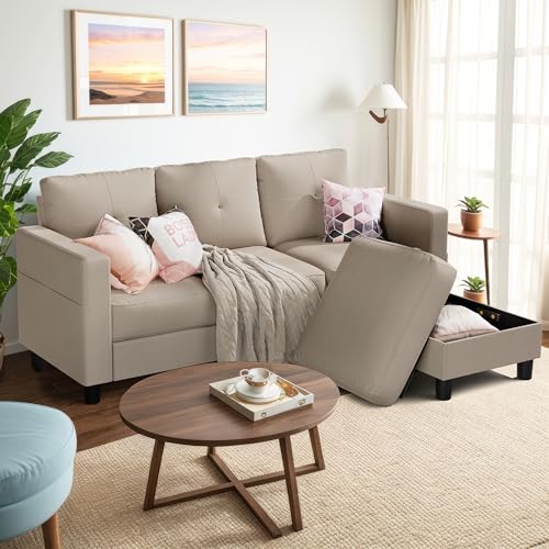 Shintenchi Upholstered Convertible Sectional Sofa for Living Room, 3 Seat L Shaped Couches with Storage Function Ottoman, Modern Linen Convertible Sofas with Reversible Chaise
