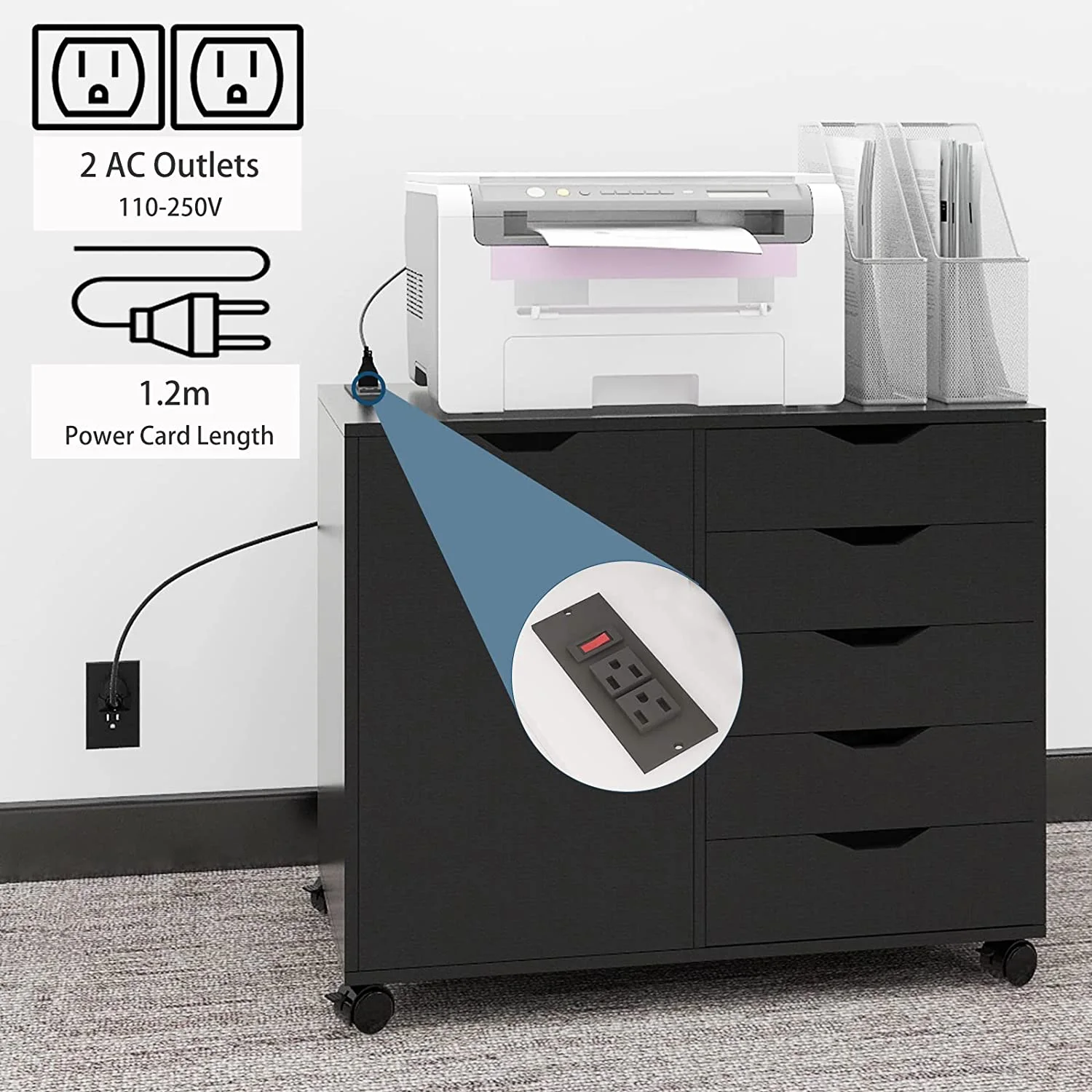 Natwind 5-Drawer Wood File Cabinet, Mobile Lateral Filing Cabinet, Rolling Printer Stand with Charging Station and Open Storage Shelves for Home Office (Black)