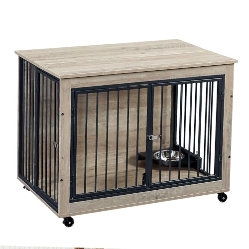 Large Dog Kennel Furniture -Adjustable Raised Feeder for Dogs with 1 Stainless Steel Bowls -End Table Dog House Spacious and Stylish Crate for Your Beloved Companion (43Inch Grey)