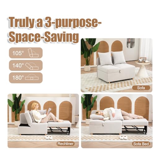 3-in-1 Sleeper Sofa Chair Bed,3-Seat Linen Fabric Loveseat Sofa,Convertible Sofa Bed with 2 Throw Pillows for Living Room,Apartment Small Space (Beige)