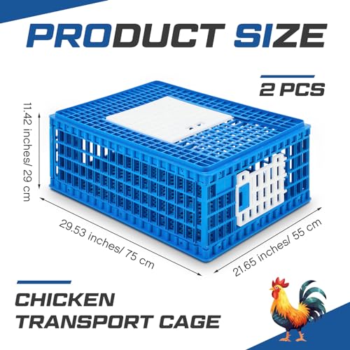2 Pcs Poultry Carrier Crate 3 Door Chicken Transport Cage Plastic Poultry Carrier Basket Box for Chicken Duck Goose Birds, 29.53 x 21.65 x 11.42 Inch(Blue)