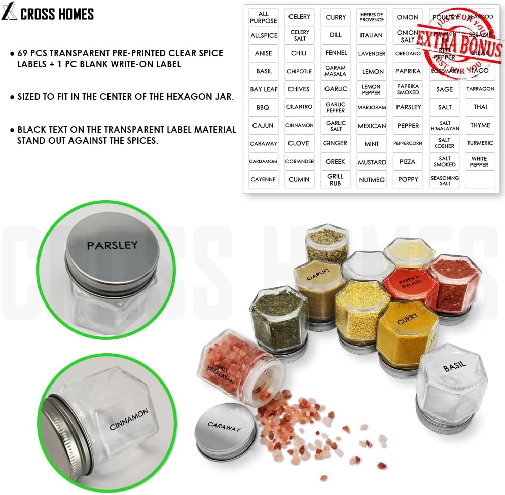 Magnetic Spice Jars Empty Small Hexagon Glass Spice Jars 20 Sets with Magnetic Lids, Shaker, Magnetic Board, Spice Labels DIY Spice Tins Magnetic Spice Rack for Refrigerator Fridge Cabinet Wall mount
