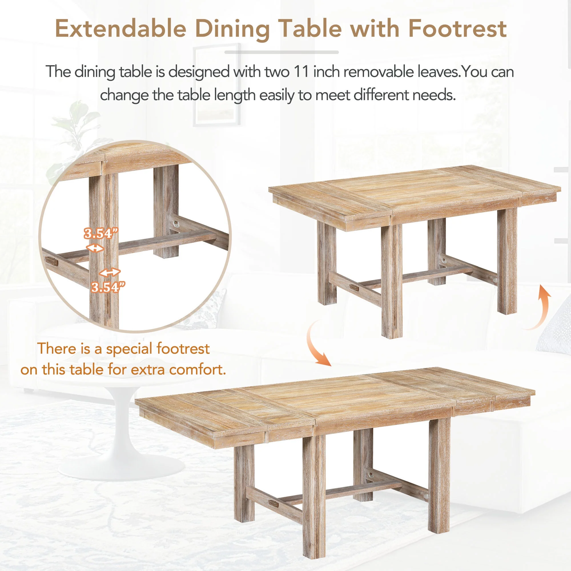 Churanty Farmhouse Extendable Dining Table Set for 6, Solid Wood Rectangular Kitchen Table Set with Removable Leaf,4 Upholstered Chairs and Bench, Natural