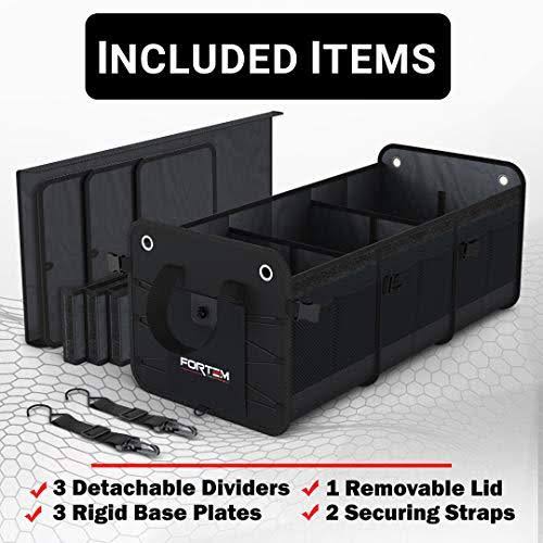 Fortem Car Trunk Organizer, Foldable COVER, Non-Slip Waterproof Bottom, Straps, Cargo Storage (3 Compartments, Black)