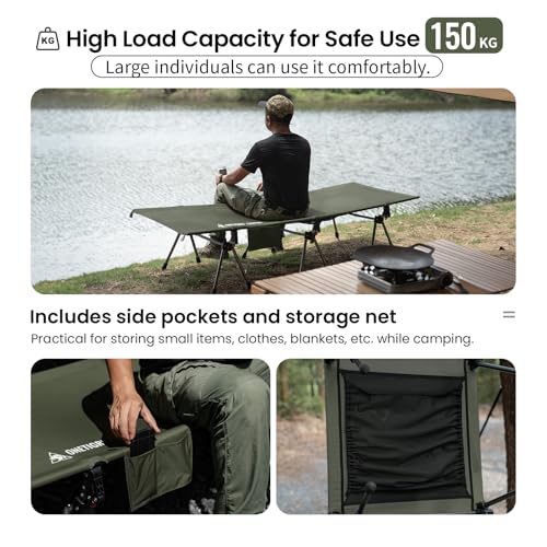 OneTigris SUPRANUBIS Camping Cot, Height Adjustable with Cot Leg Extenders, Strong Support 330lbs, Portable Folding Bed for Camping, Hiking, Travel, Truck, Beach, Office Nap (Ranger Green)