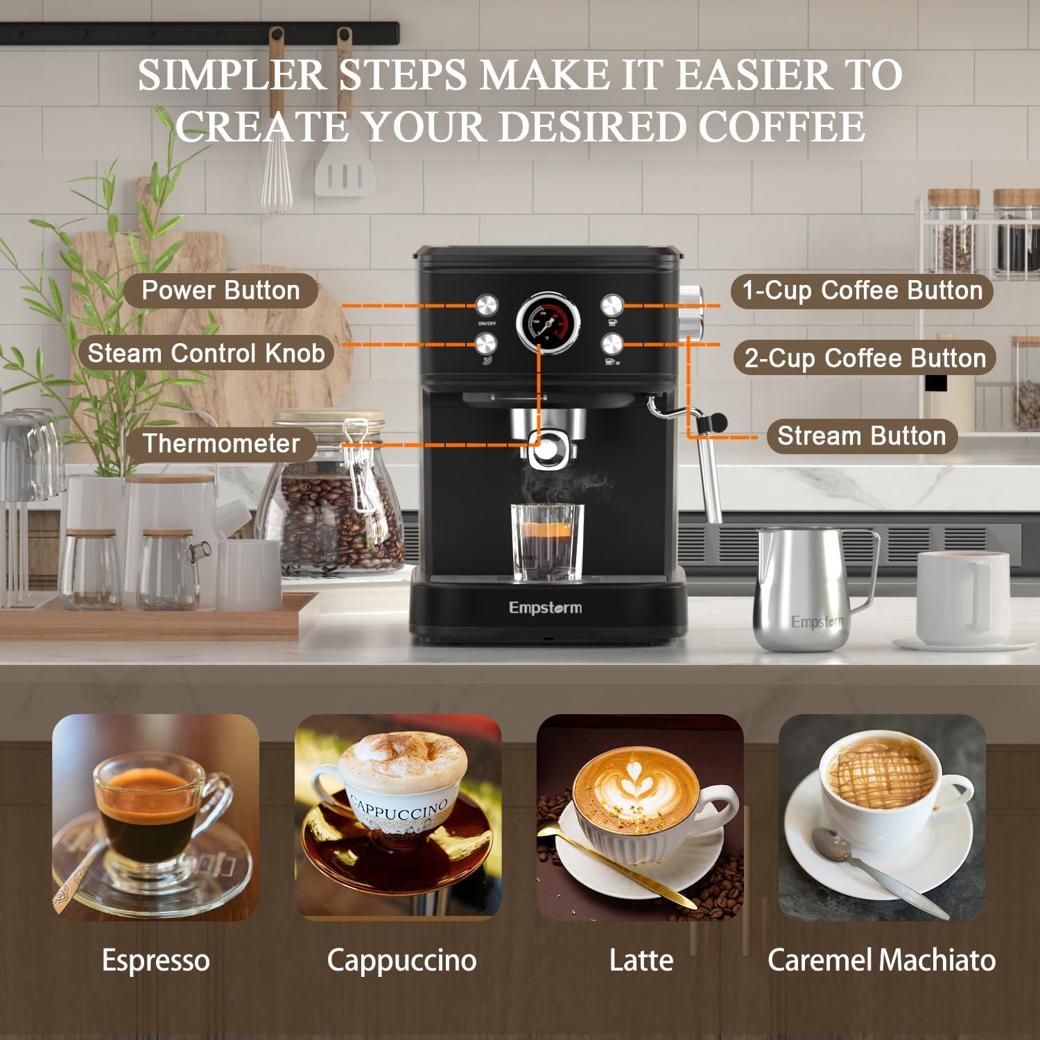 Espresso Machine Latte Coffee Makers 20 Bar, 2 IN 1 Professional Cappuccino Machine and Milk Frother Steam Wand Compatible for NS Original Capsules for Home Brewing - Black