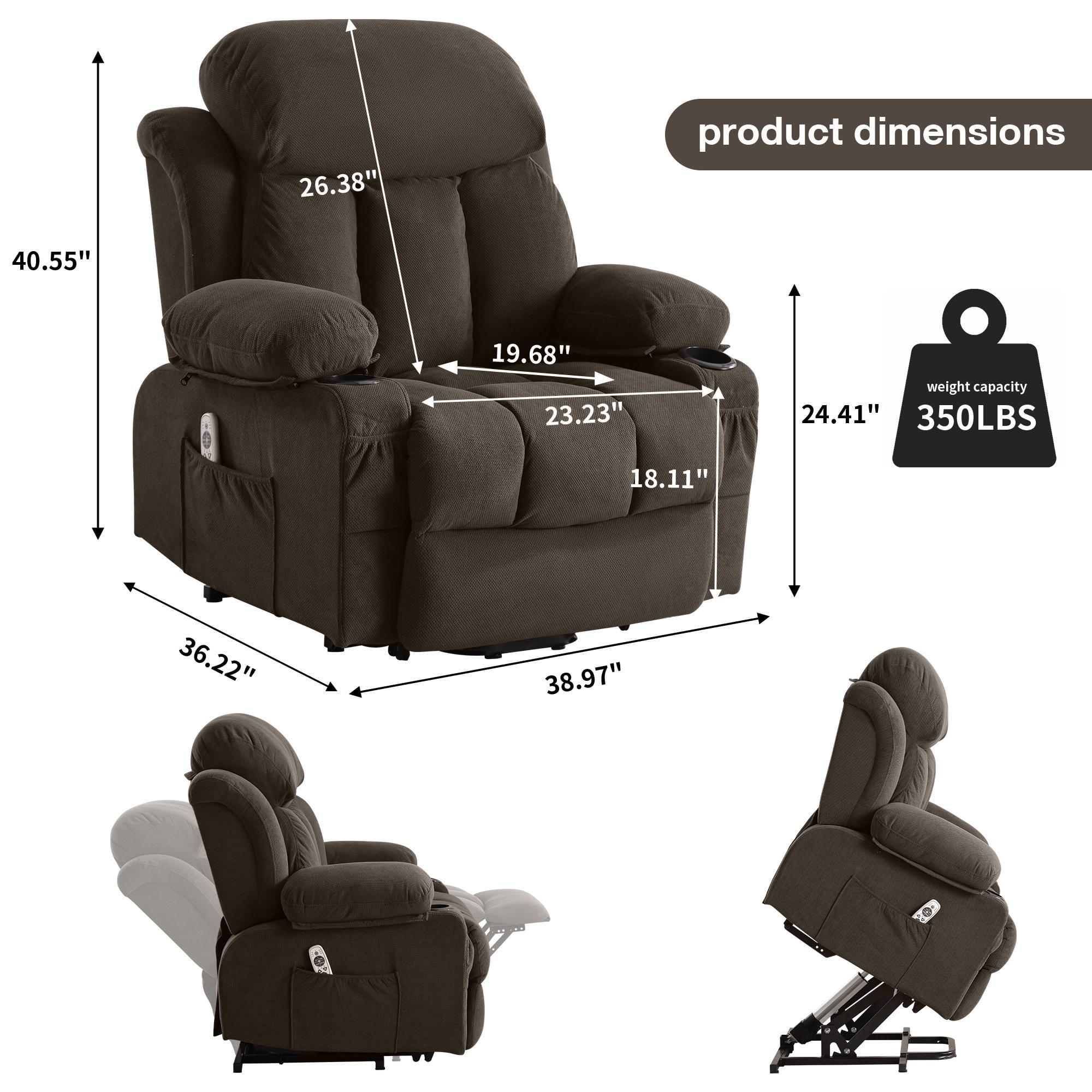 Power Lift Recliner Chair, BTMWAY PU Leather Electric Recliner Chair for Elderly with Massage | Heating | Remote Control | USB Port, Power Lift Recliner for Home Use, 22in Seating Wide, Brown