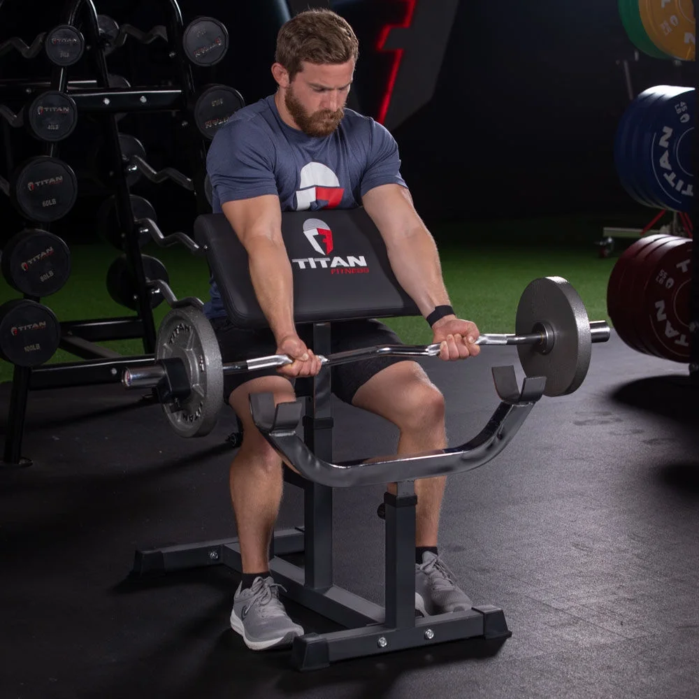 Titan Fitness Adjustable Arm Preacher Curl Weight Station, Seated Strength Training Fitness Bench, Rated 250 LB, Isolated Barbell Dumbbell Bicep Tricep Muscle Home Gym Fitness Equipment