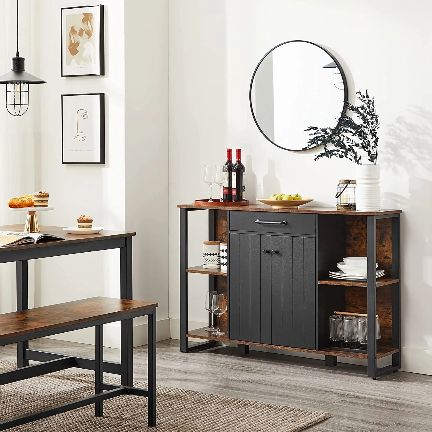 by SONGMICS Home Buffet Cabinet, Kitchen Sideboard, Storage Organizer with Drawer, Shelves, Door, for Living Room Hallway, 11.8 x 47.2 x 31.5 Inches, Rustic Brown and Black ULSC103B01