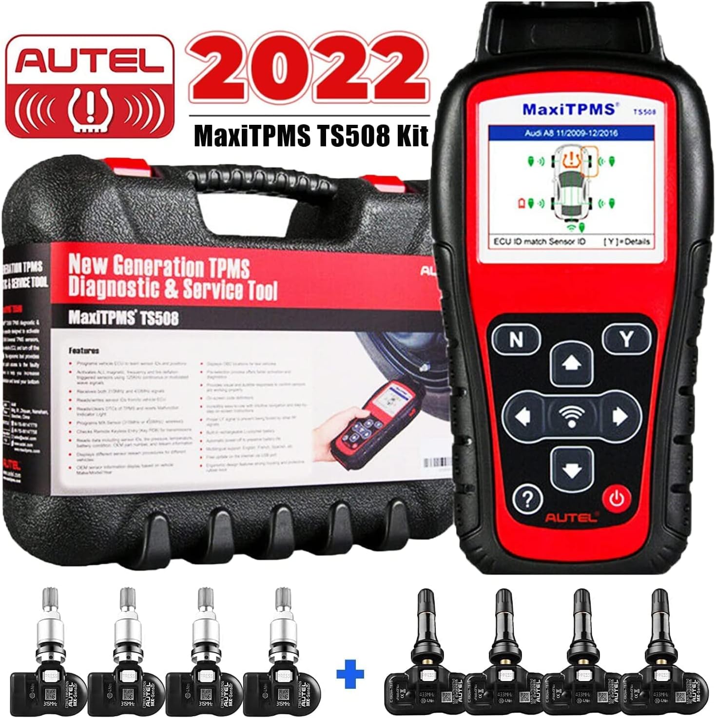 Autel TS508 TPMS Relearn Tool with $240 Value Sensor Kit (4 PCS 315MHz & 4PCS 433MHz), Upgrade of TS501, TS408, Program MX-Sensors, Activate/Relearn All Sensors, Read/ clear TPMS DTCs