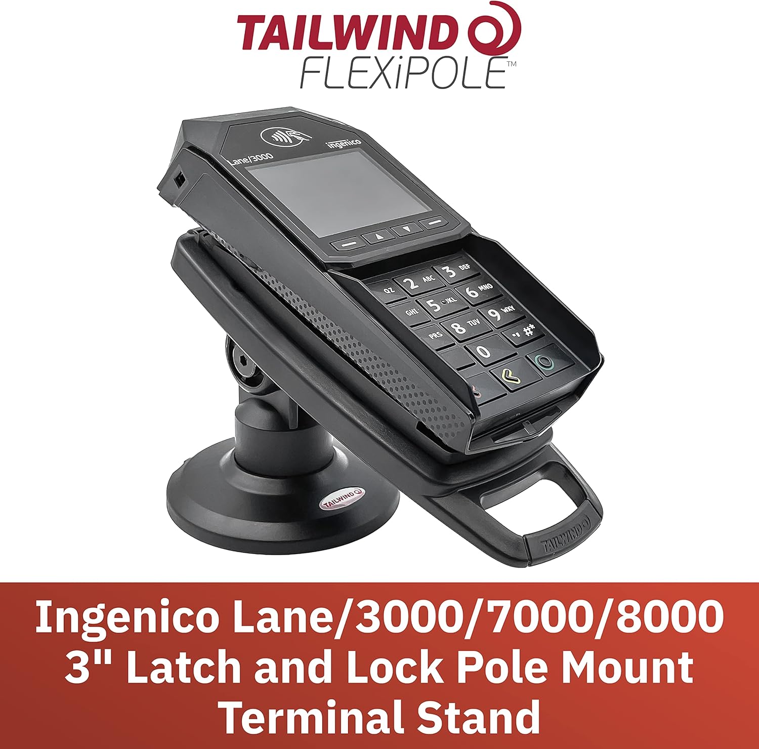ENS Tailwind Ingenico Lane/3000/7000/8000 3" Latch and Key Lock Compact Pole Mount Terminal Stand, Adhesive Installation, Black