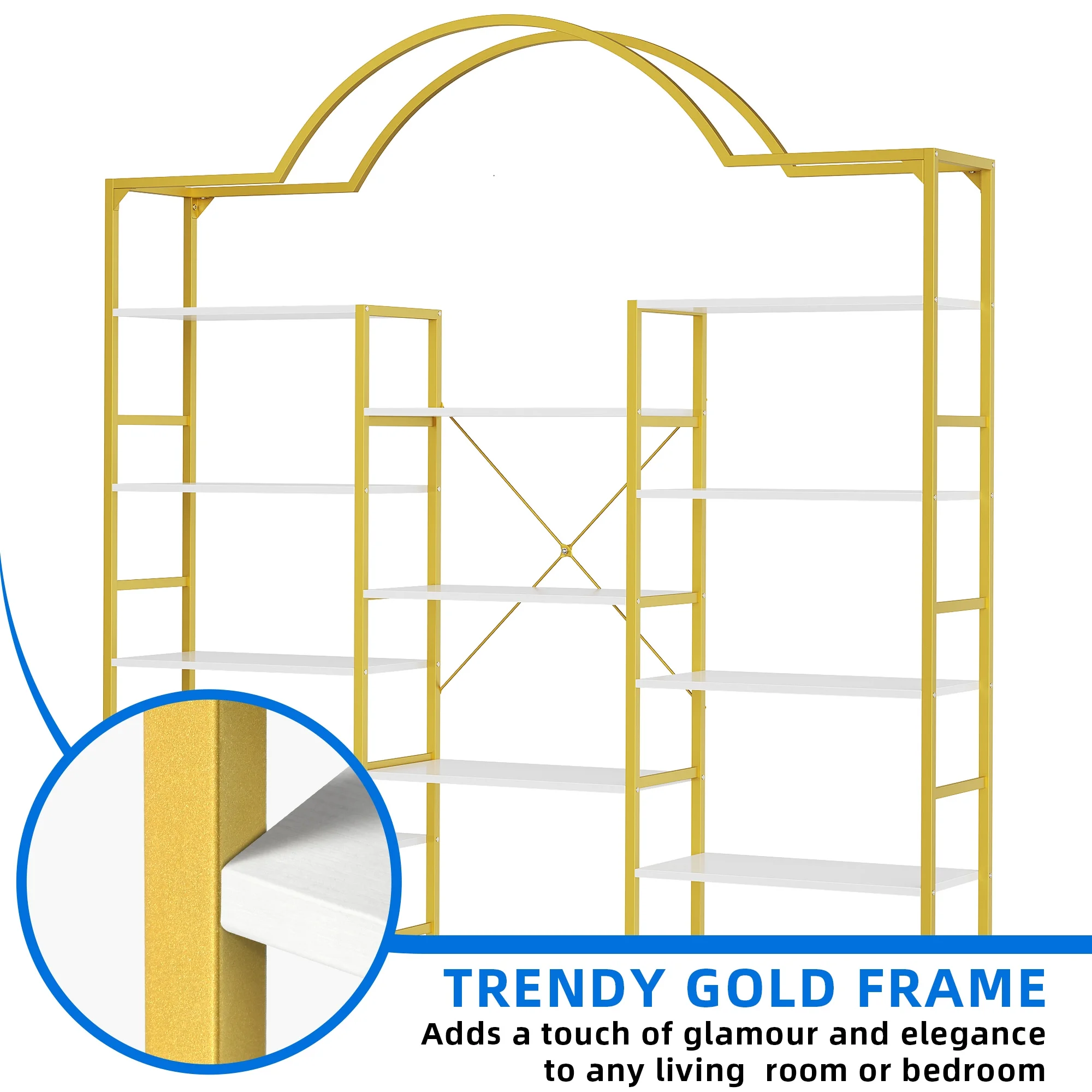 Dextrus 5-Tier Gold and White Bookshelf, Triple Wide Arched Open Display Shelf, Large Storage Bookcase, Tall Display Shelf with Metal Frame, White Gold