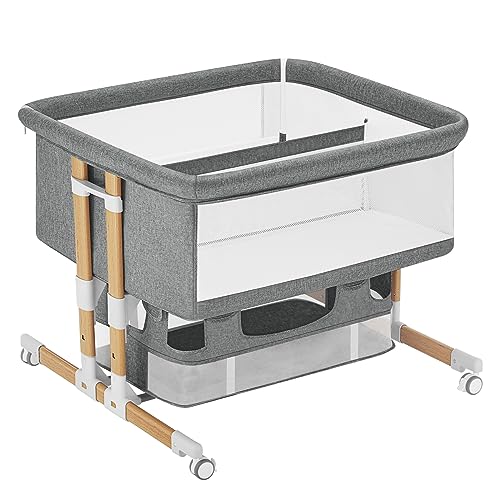 3 in 1 Baby Bassinet Bedside Sleeper, Five-Position Adjustable Bedside Crib with Storage for Newborns, Portable Bassinet with Anchor Strap (Wood Grain-Twins, Grey)