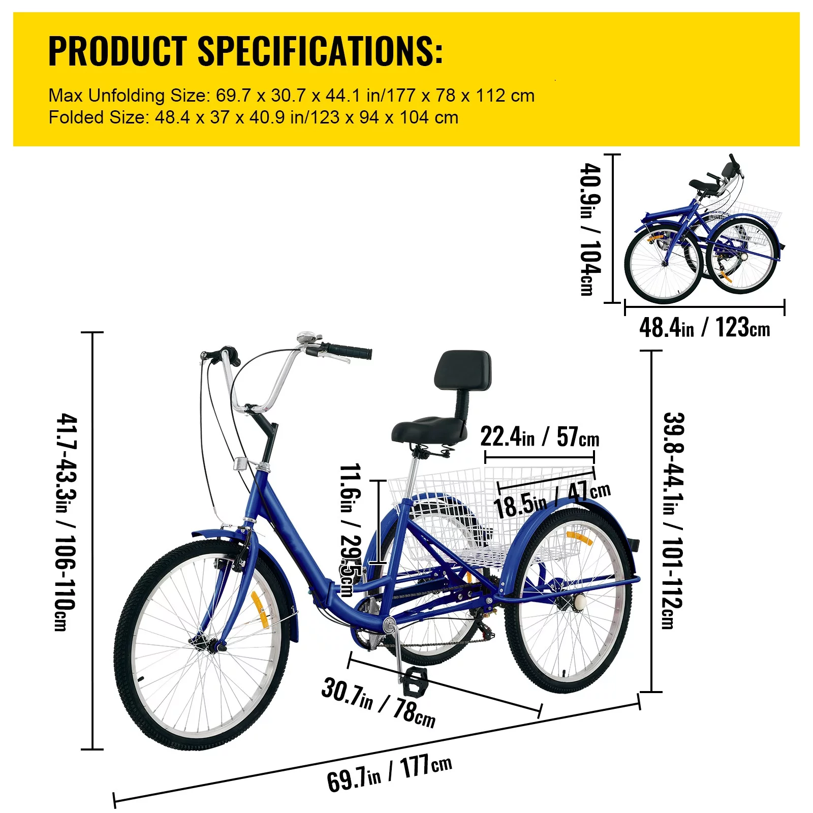 BENTISM Foldable Tricycle Adult 24'' Wheels Adult Tricycle 7-Speed 3 Wheel Bikes For Adults