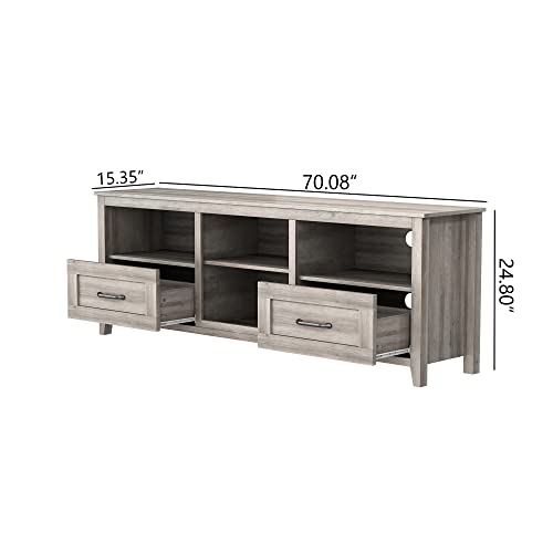 70" Farmhouse Style TV Stand with 2 Drawers and 4 Large Storage Compartments Wood Media Console Table Storage Cabinet for Bedroom, Living Room or Game Room (Old Pine)
