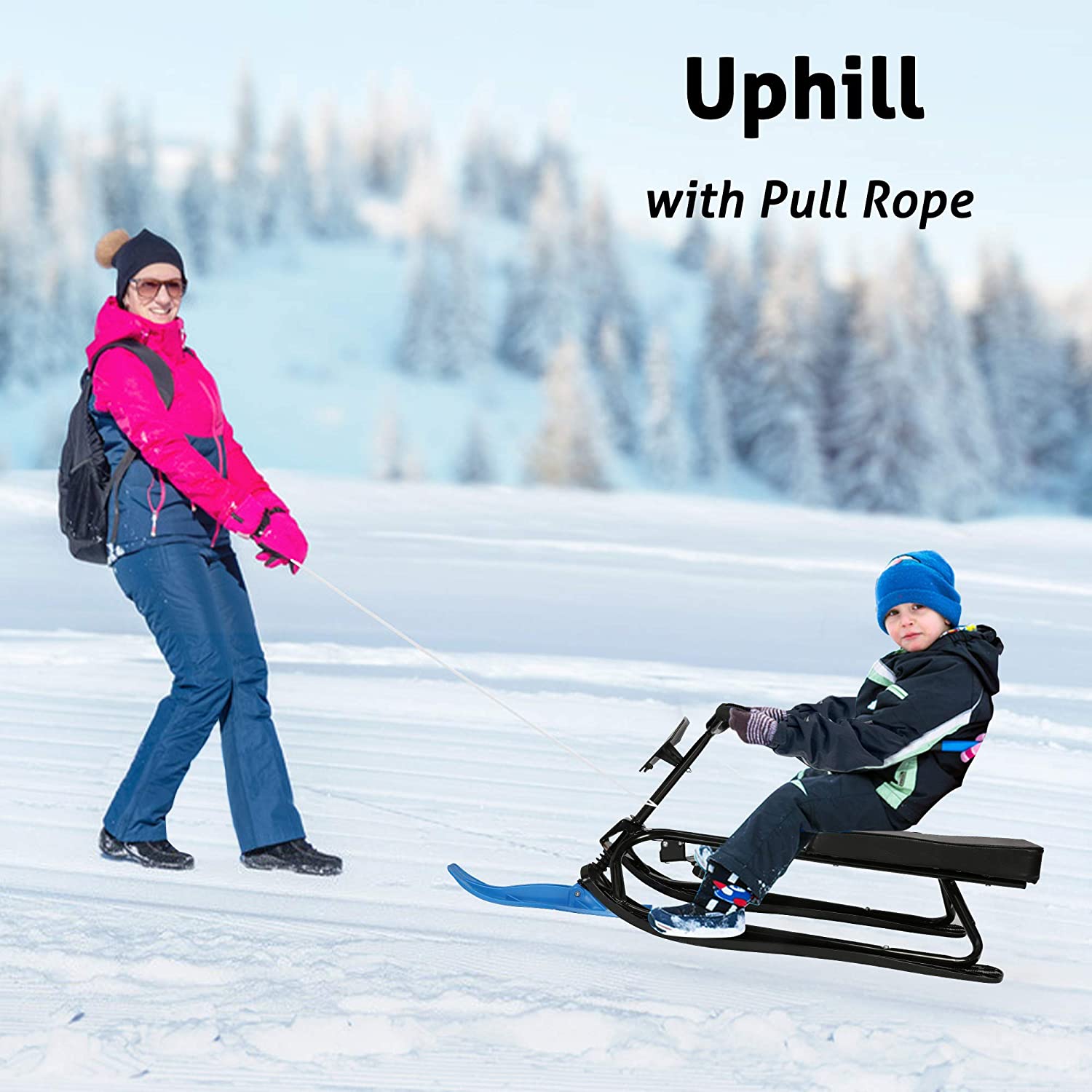 KARMAS PRODUCT Snow Racer Sled with Steering Wheel/Bicycle Handle and Twin Brakes, Kids Teens Winter Sport Ski Sled Slider Board for Downhill and Uphill