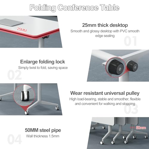4Pcs White Conference Table, Foldable Meeting Tables, 140CM Conference Training Rooms Flip Top Mobile Training Table, Rolling Meeting Table with Caster Wheels, Suitable for Office,classr(4Pcs-180CM)