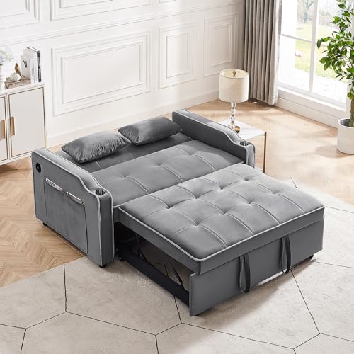 3 in 1 Convertible Sleeper Sofa Bed, Velvet Sofa Couch with Pull Out Bed, Modern Loveseat Sofa with Adjustable Backrest/Side Pockets/USB Charging/Cup Holders for Living Room Bedroom (Gray)
