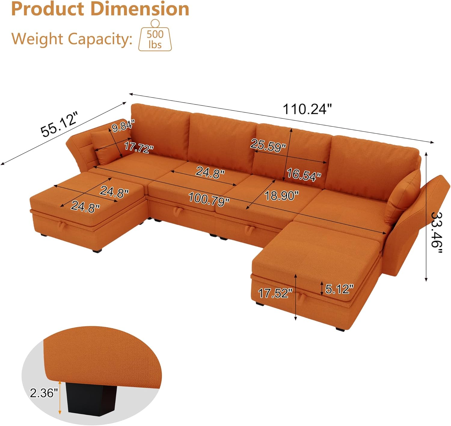 110.2" U Shaped Sectional Sofa Couch, Convertible Modular Sectional Sofa 6 Seat Oversized Modern Fabric Couch with Storage Seat for Living Room Apartment Office (Orange)