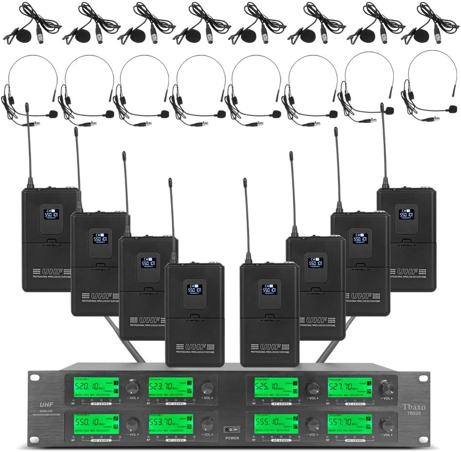 UHF Wireless Microphone System 8 Channel 8 Lavalier Bodypacks 8 Lapel Mic 8 Headsets for Karaoke System Church Speaking Conference Wedding Party 3 Year Warranty